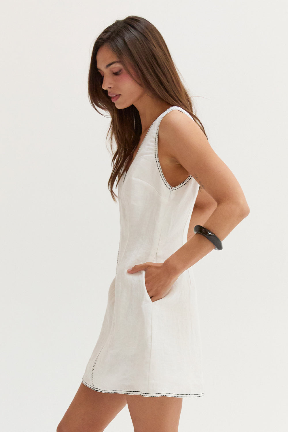Amara Contrast Stitch V-Neck Linen Mini Dress