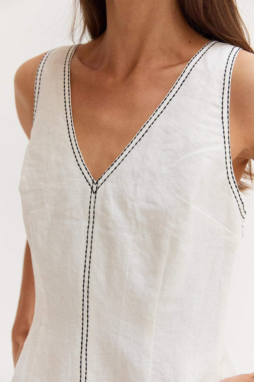 Amara Contrast Stitch V-Neck Linen Mini Dress