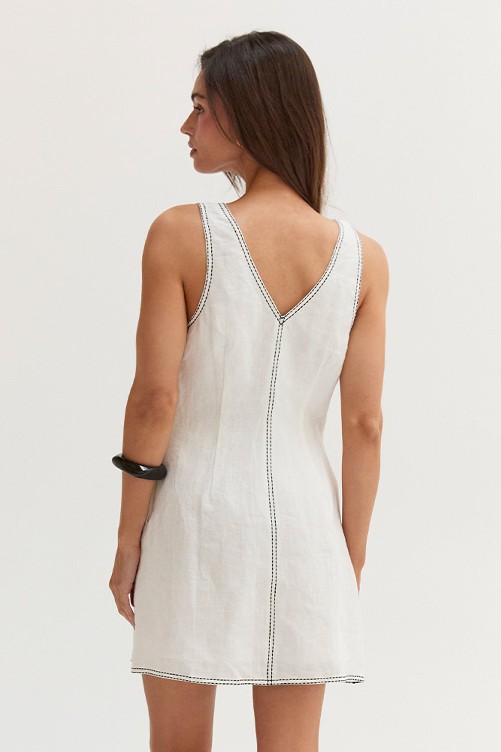 Amara Contrast Stitch V-Neck Linen Mini Dress