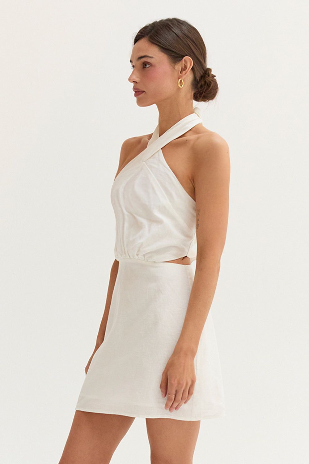 Emma Crisscross Halter Cut Out Linen Blend Mini Dress