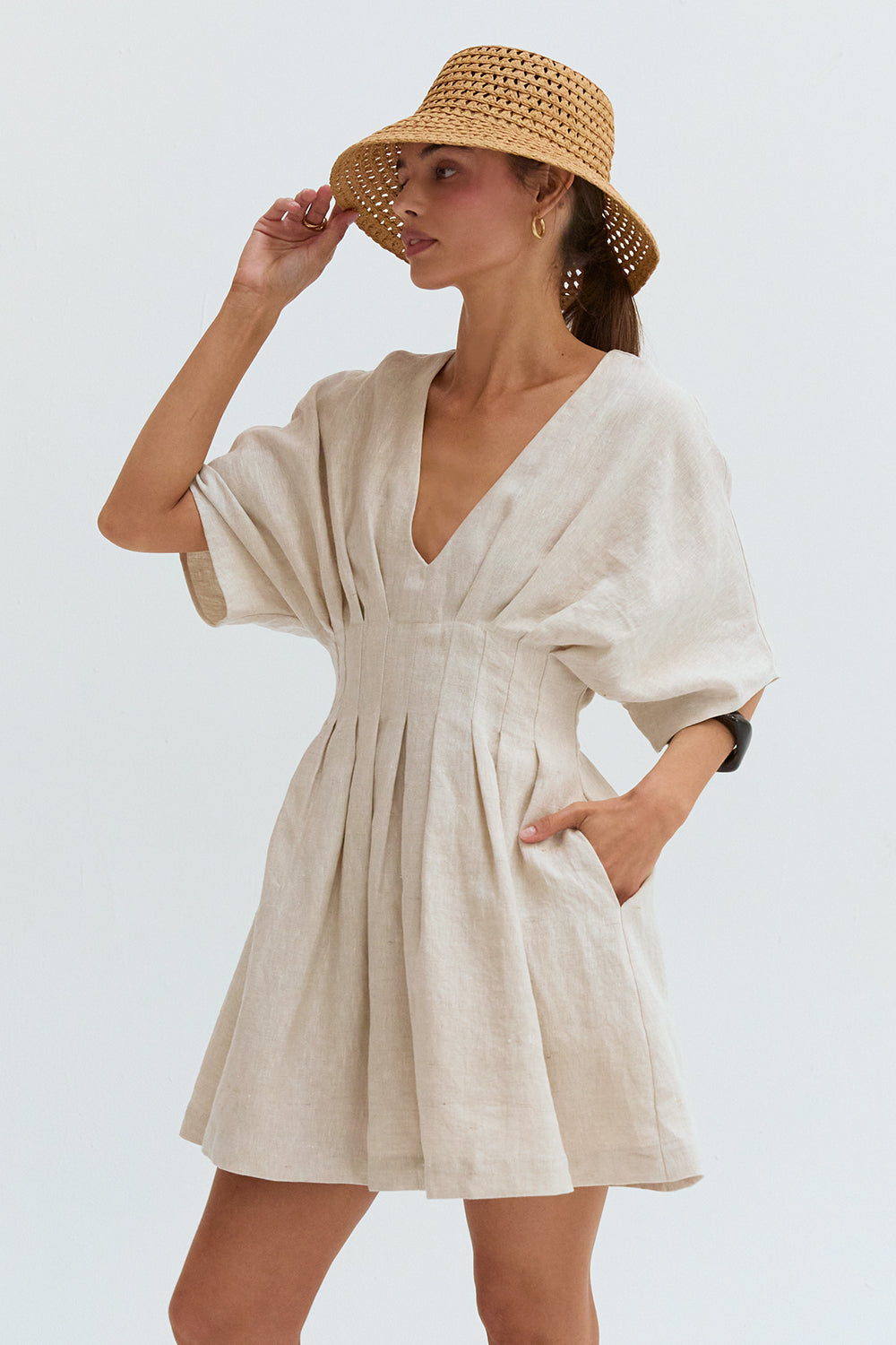 Thea Pleated Linen Mini Dress