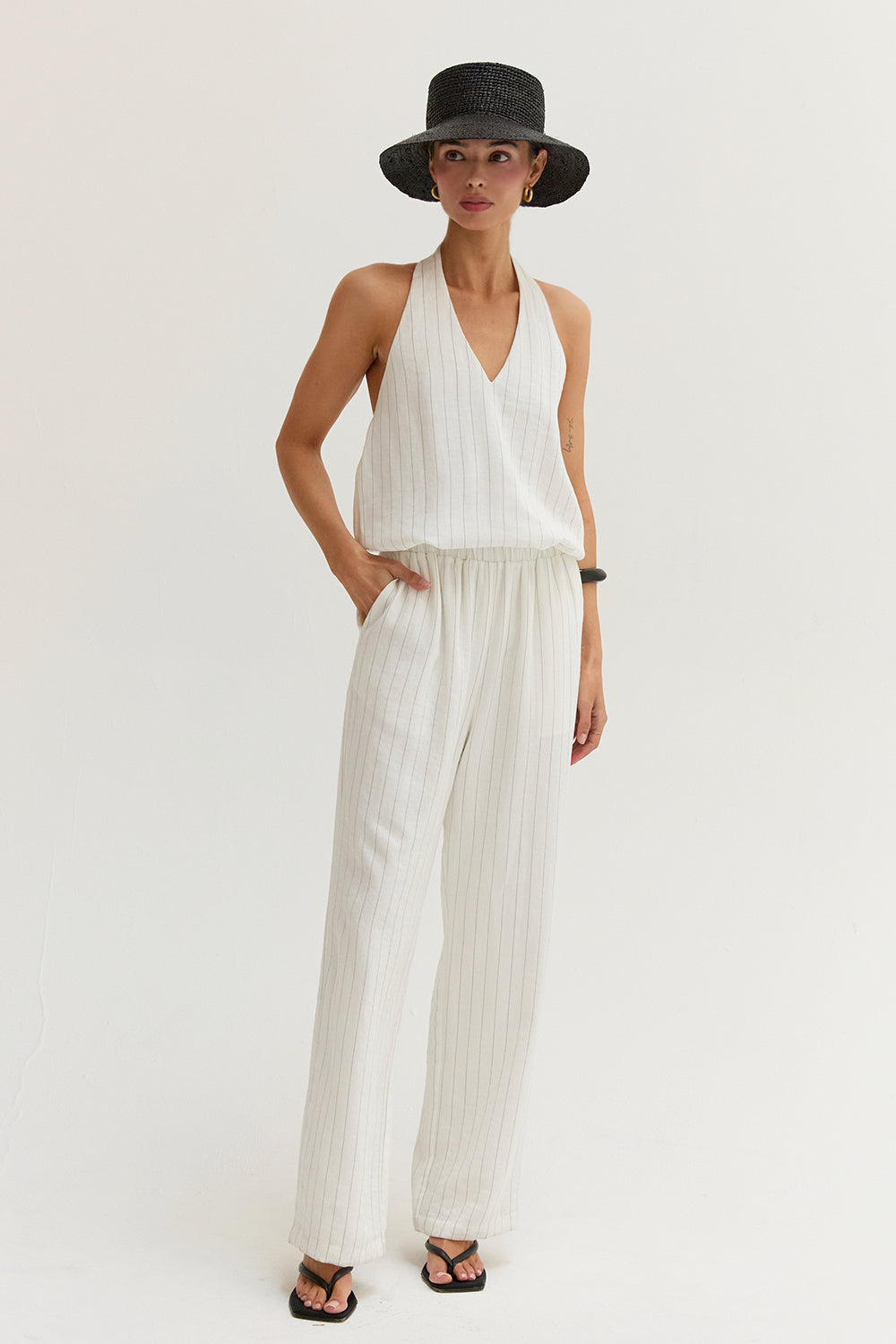 Luna Pinstripe Halter Linen Blend Jumpsuit