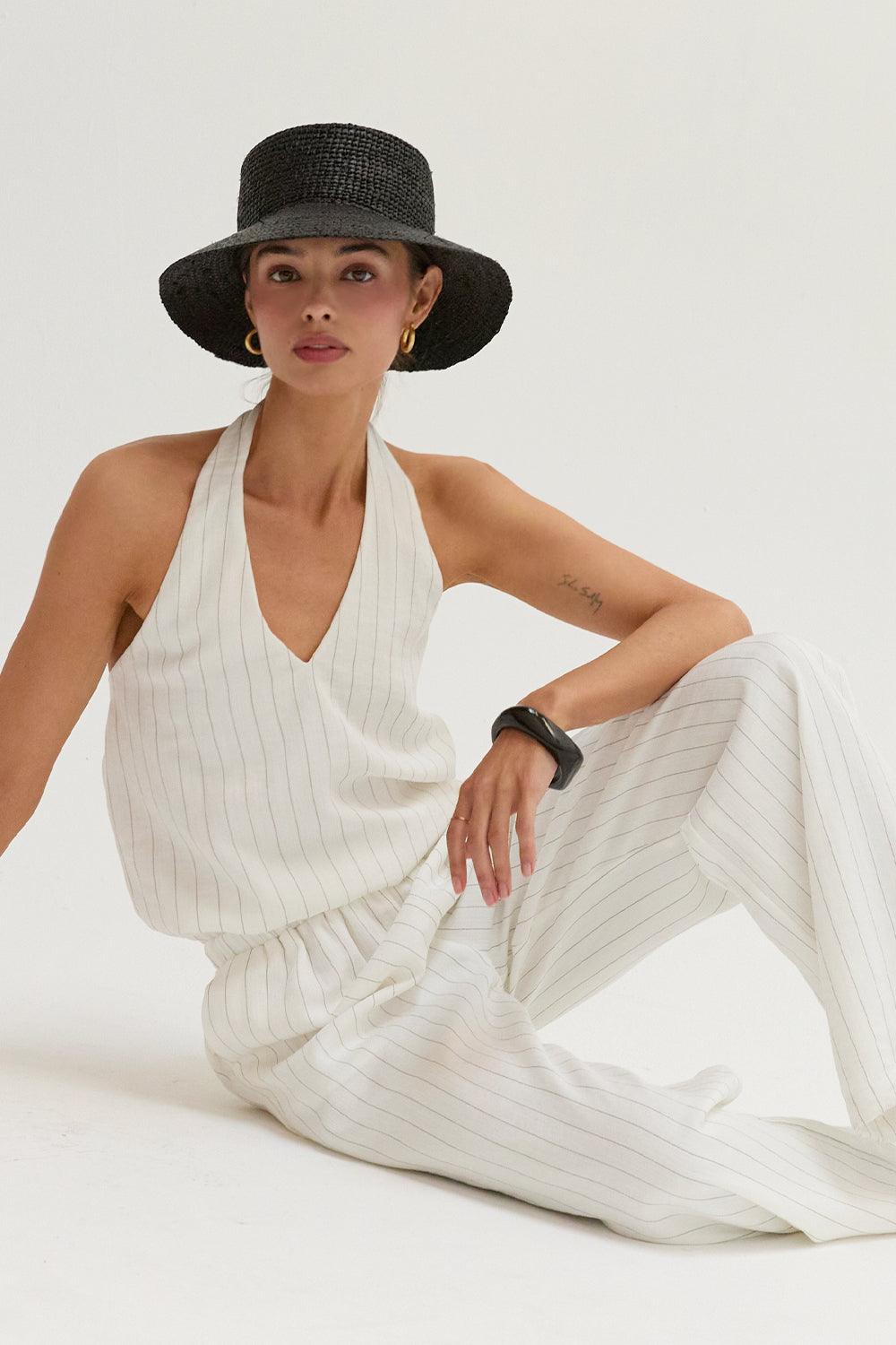 Luna Pinstripe Halter Linen Blend Jumpsuit
