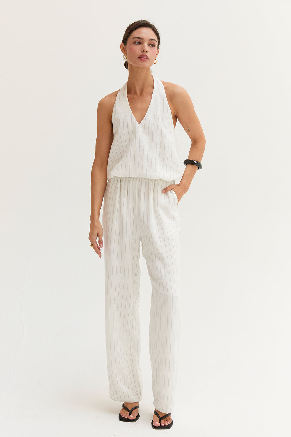 Luna Pinstripe Halter Linen Blend Jumpsuit