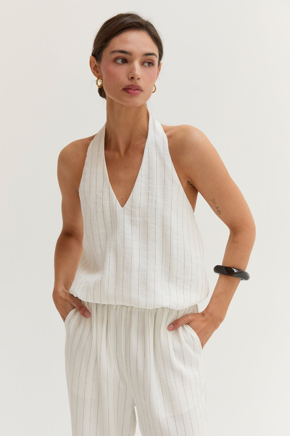 Luna Pinstripe Halter Linen Blend Jumpsuit