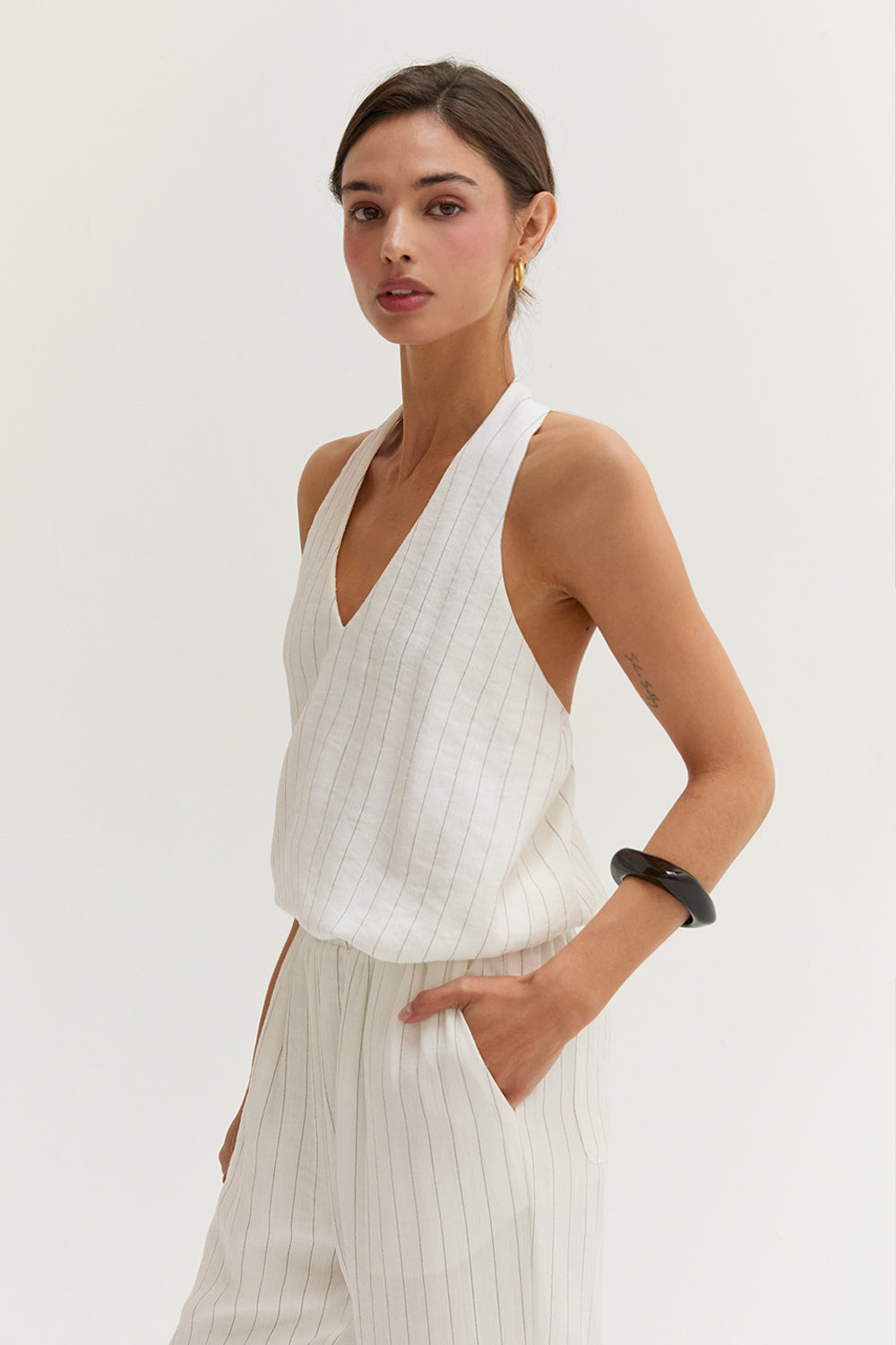 Luna Pinstripe Halter Linen Blend Jumpsuit
