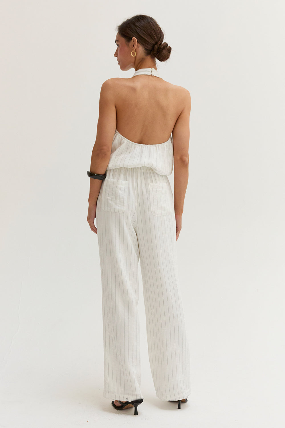 Luna Pinstripe Halter Linen Blend Jumpsuit