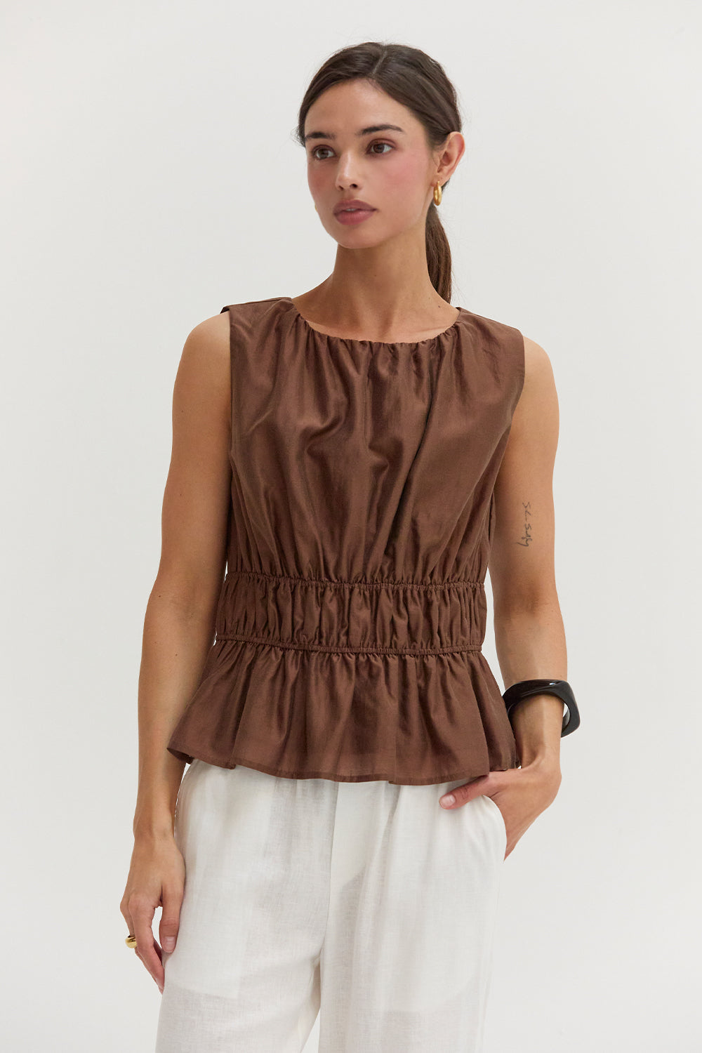 Avril Tencel Blend Ruched Sleeveless Blouse