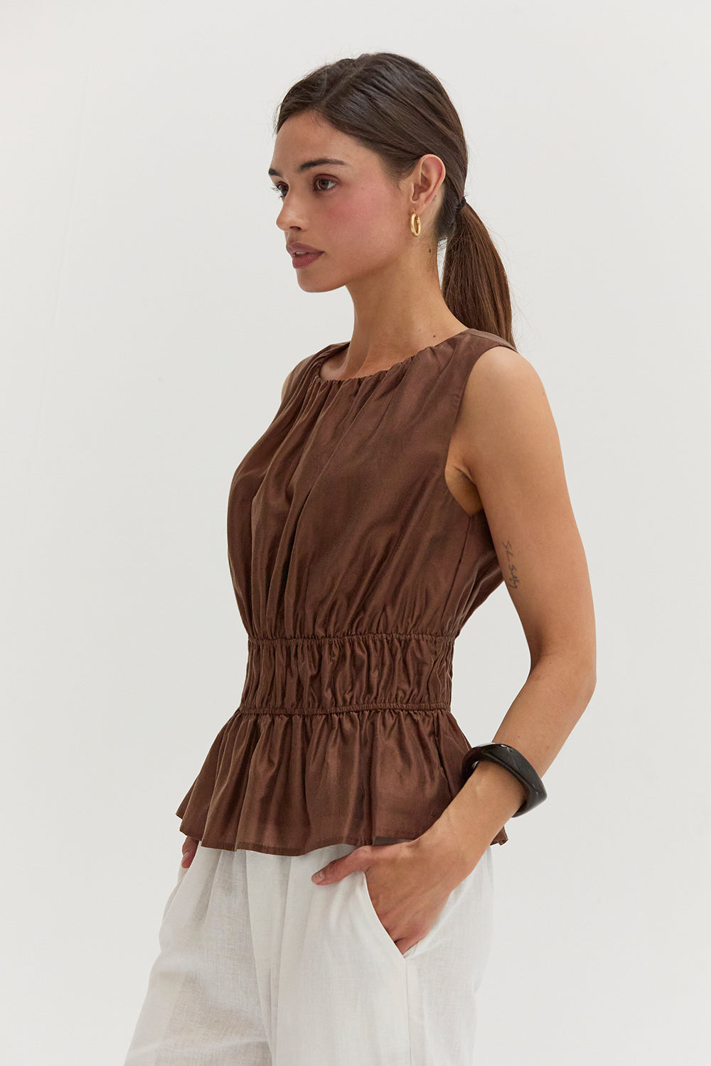 Avril Tencel Blend Ruched Sleeveless Blouse