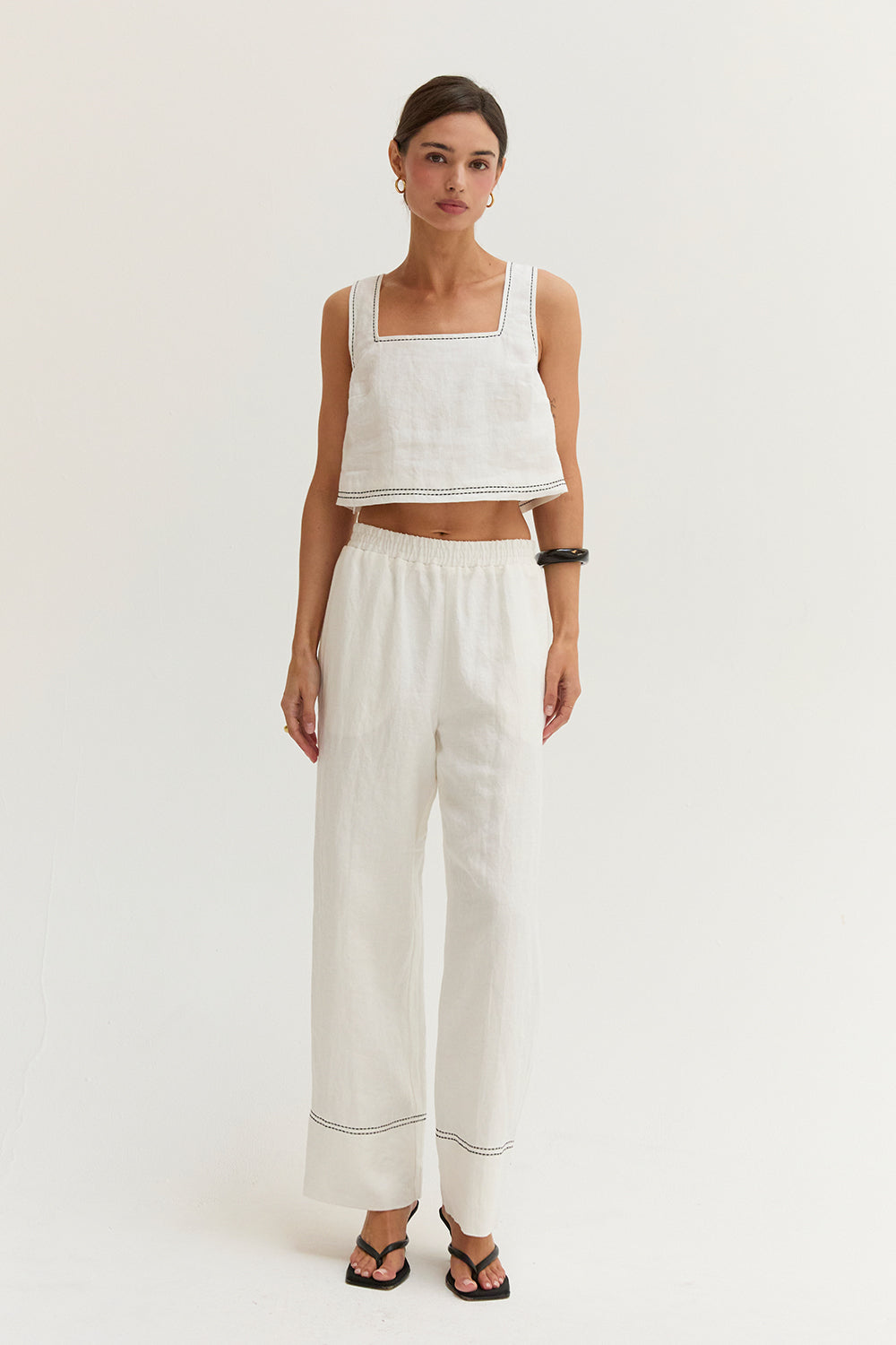 Devin Contrast Stitch Cropped Top & Pants Linen Two Piece Set