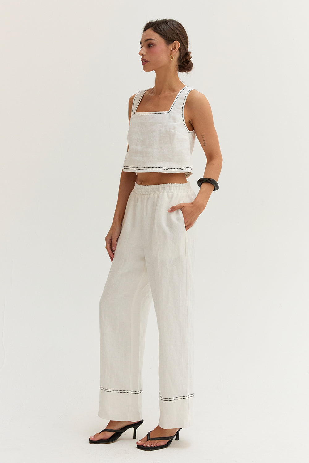 Devin Contrast Stitch Cropped Top & Pants Linen Two Piece Set