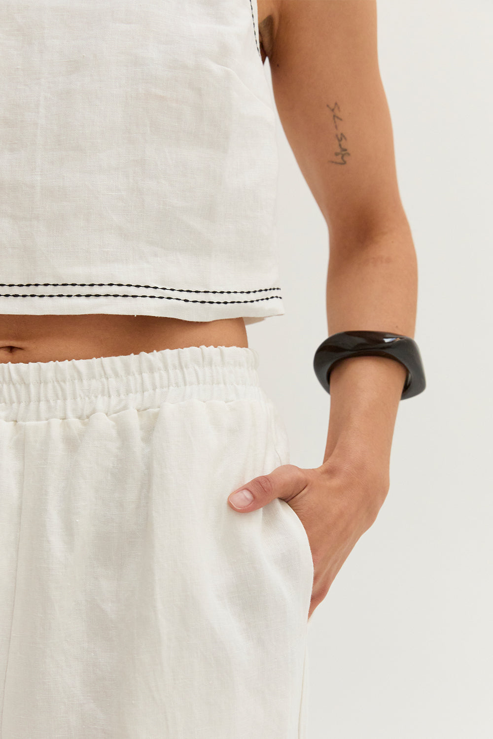 Devin Contrast Stitch Cropped Top & Pants Linen Two Piece Set