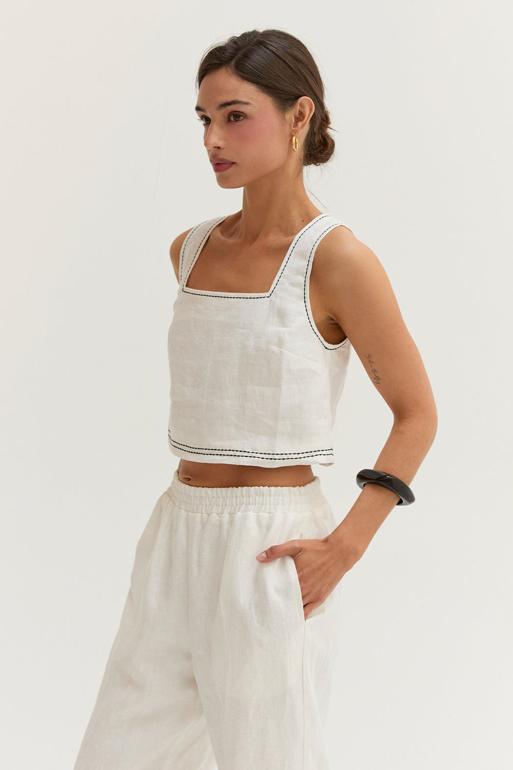 Devin Contrast Stitch Cropped Top & Pants Linen Two Piece Set