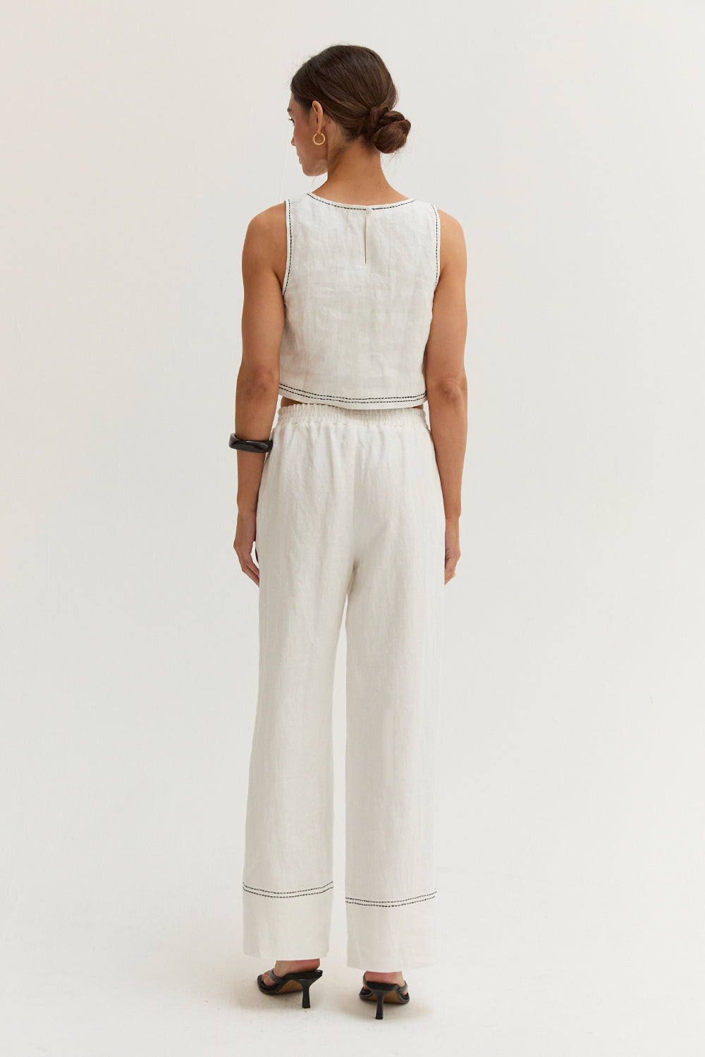 Devin Contrast Stitch Cropped Top & Pants Linen Two Piece Set